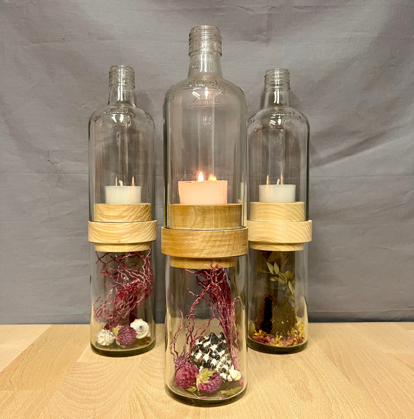 Handgefertigtes Windlicht aus Grassl Schnaps Flasche – tolle Flaschenform mit Glasrelief – Unterteil für Deko oder Schätze