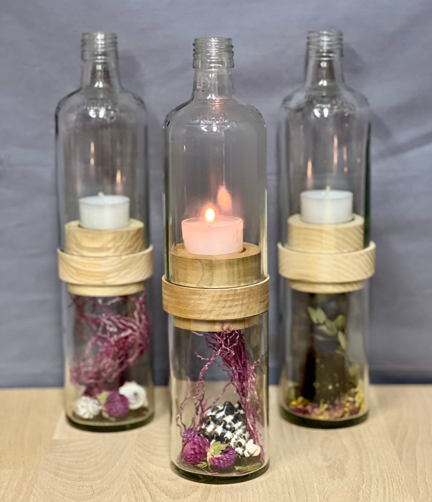 Handgefertigtes Windlicht aus Grassl Schnaps Flasche – tolle Flaschenform mit Glasrelief – Unterteil für Deko oder Schätze