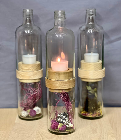 Handgefertigtes Windlicht aus Grassl Schnaps Flasche – tolle Flaschenform mit Glasrelief – Unterteil für Deko oder Schätze