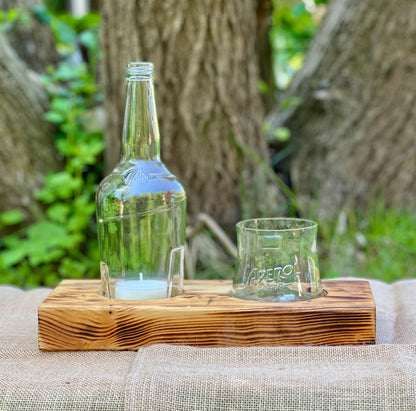 Windlicht plus Nüsschen Schale aus Aperol Flasche (1l) auf geflammtem Kantholz
