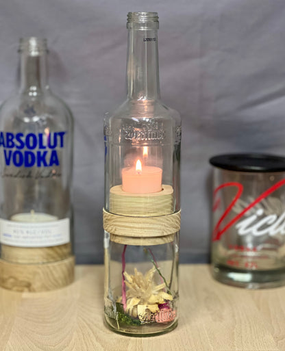 Handgefertigtes Windlicht aus Berliner Luft Pfeffi Flasche – tolle Flaschenform mit Glasrelief – Unterteil für Deko oder Schätze