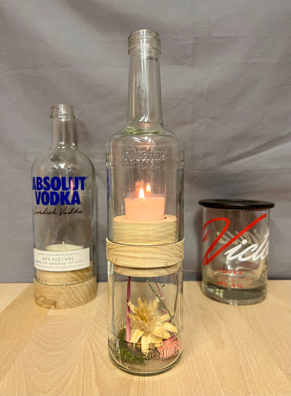 Handgefertigtes Windlicht aus Berliner Luft Pfeffi Flasche – tolle Flaschenform mit Glasrelief – Unterteil für Deko oder Schätze