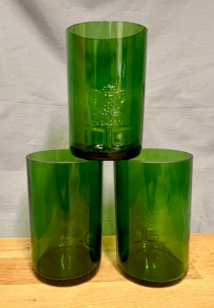 3er Set Gläser aus Tanqueray Gin Flaschen - kräftiges Grün mit Glasrelief - Unikate aus Flaschenunterteilen