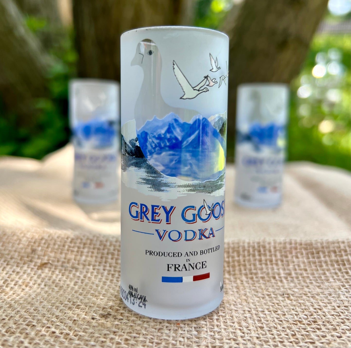 4er Set Gläser aus Grey Goose Vodka Flaschen (50ml) tolles Motiv - Shot Gläser