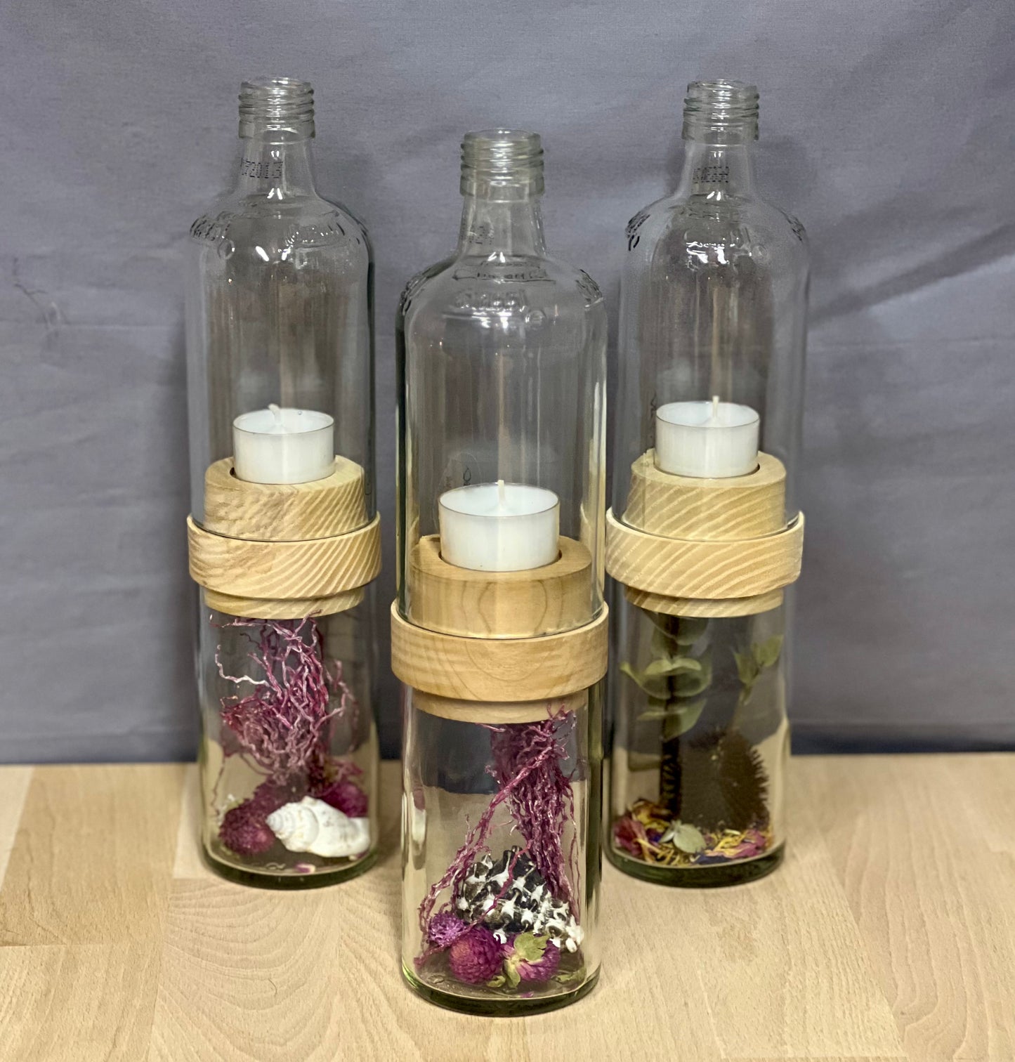 Handgefertigtes Windlicht aus Grassl Schnaps Flasche – tolle Flaschenform mit Glasrelief – Unterteil für Deko oder Schätze