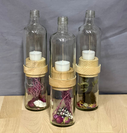 Handgefertigtes Windlicht aus Grassl Schnaps Flasche – tolle Flaschenform mit Glasrelief – Unterteil für Deko oder Schätze