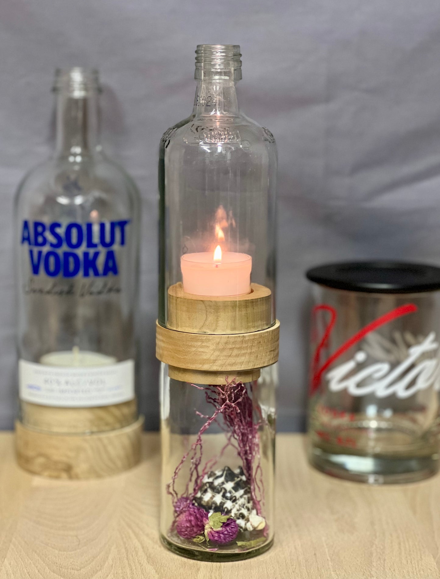 Handgefertigtes Windlicht aus Grassl Schnaps Flasche – tolle Flaschenform mit Glasrelief – Unterteil für Deko oder Schätze