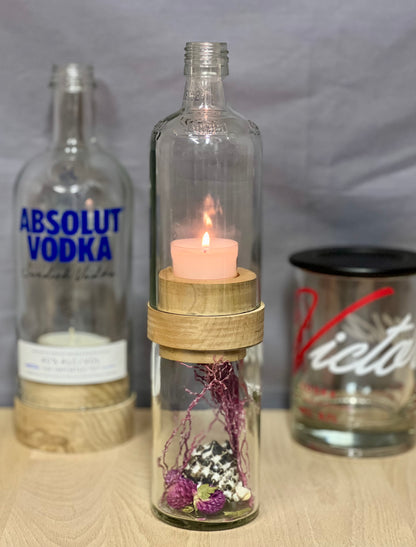 Handgefertigtes Windlicht aus Grassl Schnaps Flasche – tolle Flaschenform mit Glasrelief – Unterteil für Deko oder Schätze