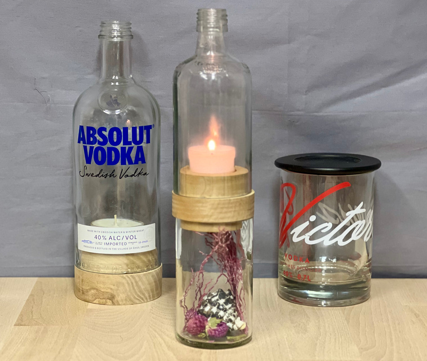 Handgefertigtes Windlicht aus Grassl Schnaps Flasche – tolle Flaschenform mit Glasrelief – Unterteil für Deko oder Schätze