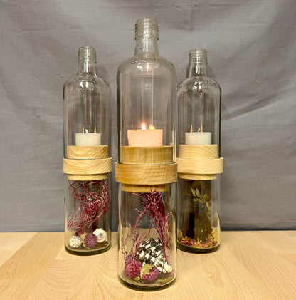 Handgefertigtes Windlicht aus Grassl Schnaps Flasche – tolle Flaschenform mit Glasrelief – Unterteil für Deko oder Schätze