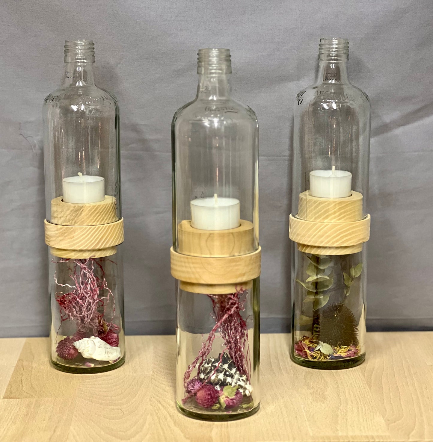 Handgefertigtes Windlicht aus Grassl Schnaps Flasche – tolle Flaschenform mit Glasrelief – Unterteil für Deko oder Schätze