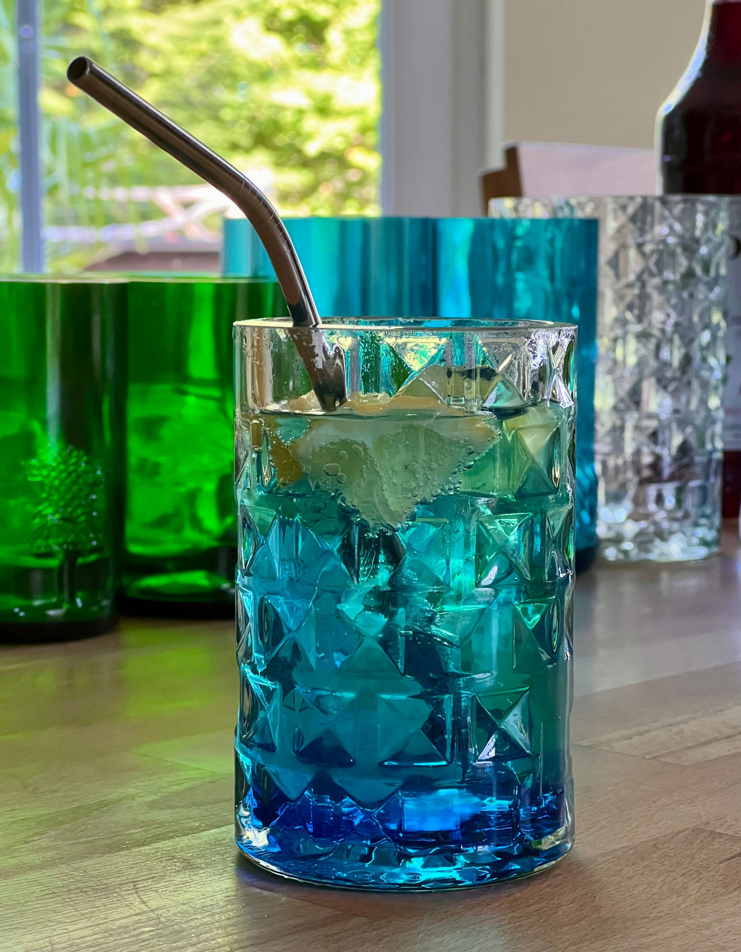 3er Set Gläser aus Three Sixty Vodka Flaschen - Glasrelief in Kacheloptik- Unikate aus Flaschenunterteilen
